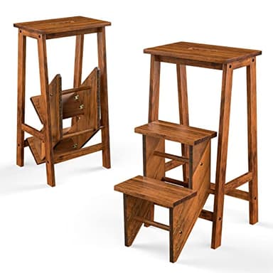 GIANTEX Leiterstuhl Holz 3 Stufen, Trittleiter Tritthocker klappbar Trittstuhl, Hocker Leiter Holzleiter Holz Tritt 310 kg Tragbar, Klappstufen Massiv Gummiholz, Klapptreppe Haushaltstritt 76 cm hoch