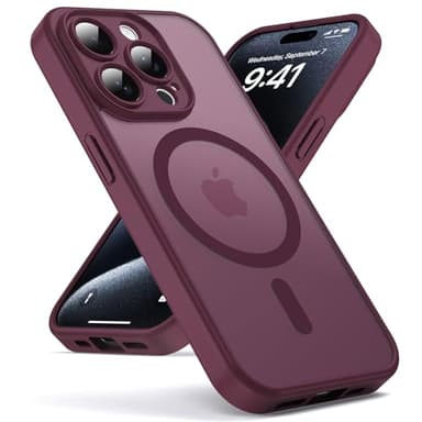 Oududianzi-Hülle für iPhone 15 Pro Max Kompatibel mit Magsafe Handyhülle, Durchscheinende Mattierte PC Rückseite TPU Silikon Schutzhülle, Kameraschutz Transluzente Matt Kratzfest Stoßfest-WineRed