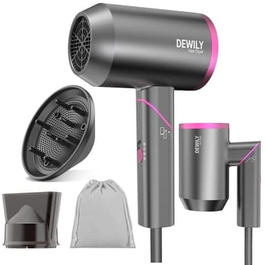 Föhn Ionen Haartrockner mit Diffusor - DEWILY Reisefön Klappbar Klein，Haarföhn lockenföhn leise, Fön, Hair Dryer mit 3 Heizstufen (Grau – 2 Düsen)