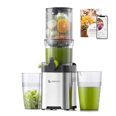 AMZCHEF Entsafter - Slow Juicer mit 120MM Breite und Größere Einfüllschacht für Ganze Gemüse und Obst - Leicht zu Reinigender Entsafter mit 2 Gläsern - Silbrig