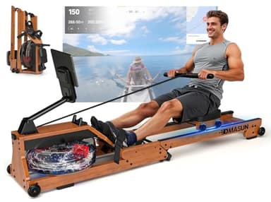 Rudergerät für Zuhause Klappbar, DMASUN Rudergerät Wasser aus Massivholz, Rowing Machine mit Apps, Leise Laufrollen, Großer Wassertank, LCD Monitor, Doppel Slide Rails, Komfortabler Sitz, Bis 180 kg