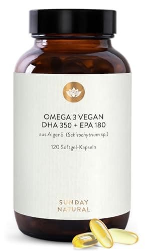 SUNDAY NATURAL® Omega 3 Vegan Forte - 120 Softgel Kapseln - 2.000 mg Algenöl pro Tagesdosis: 700 mg DHA + 360 mg EPA - Omega 3 Kapseln hochdosiert - Laborgeprüft