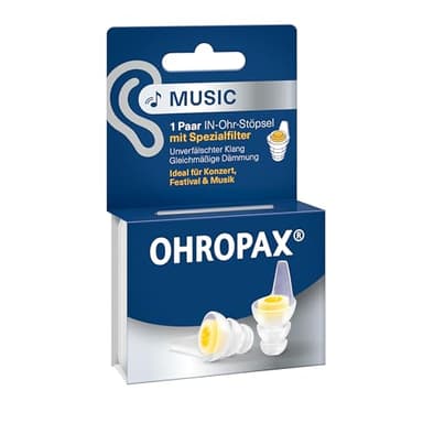OHROPAX Music Ohrstöpsel – mit Spezialfilter – unverfälschter Klang bei gleichmäßiger Dämmung – Schalldämmwert SNR 19 dB – ideal für Konzerte – 1 Paar mit eingesetztem Filter + 1 kleineres Stöpselpaar