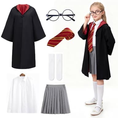 Afenau Zauberer Cosplay Kostüm, 7 Pcs Zauberer Kostüm Kinder Cosplay, Zauberer Umhang Kostüm Set mit Verschiedenes Zubehör, Zauberer Outfit Set für Party
