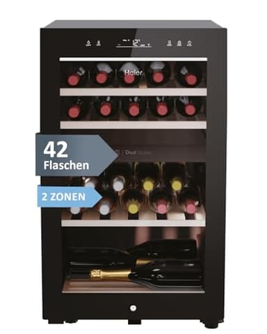 Haier Weinkühlschrank klein 50 SERIE 7 HWS42GDAU1 I 42 Flaschen Weinklimaschrank I Neue Technologie für perfekte Lagerung I Weinkühlschrank 2 Zonen, UV-Glastür & Holzregale I Wi-Fi I Wine fridge