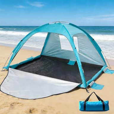 Strandmuschel, UV Schutz 50+ Familie Zelt für 3-4 Personen, Belüftung Strandzelt mit 3 Reißverschluss Türen und 1 Netzfenster, Tragbar Windschutz Sonnenschutz Strandzelt für Strand, Garten