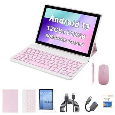 Crelander 10.1 Inch Android 13 Tablet mit SIM Card Slot 4G LTE Calling, 12GB+512GB, 8000mAh Battery, Dual Camera, Bluetooth/WiFi, Bundle mit Schutzhülle, Tastatur, Maus & Stylus (Rose)