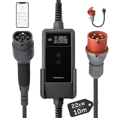 dé Mobile Wallbox/Ladestation 22kW Mit App [3-phasig|10m|6-32A] mit stromzähler, Ladekabel CEE 32A auf Typ 2 und EV Ladegerät für Model Y/3, ID.3/4/5, MG4, EX30, e-up, e-tron und andere EV/PHEV