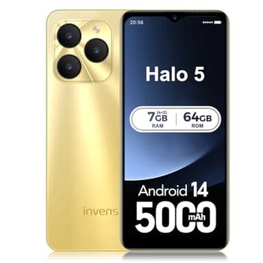 invens Halo 5 Handy Ohne Vertrag - 7GB(4+3)+64GB /256GB Smartphone Ohne Vertrag Android 14, 6,52 Zoll Bildschirm 5000mAh Handy Günstig, 16MP+8MP Kamera, 4G Dual SIM/Face ID/GPS/3.5mm Jack, Gold