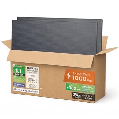 Solarway 500W Solarpanel Full Black Bifazial Glas/Glas PV Panel mit positiver Leistungstoleranz von 0-5 Watt, n-type, geeignet für Balkonkraftwerk