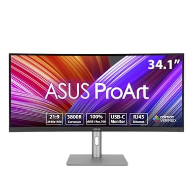 ASUS ProArt PA34VCNV - 34 Zoll UWQHD Professioneller Curved Monitor - 21:9 IPS, 3440x1440, 60 Hz - ergonomisch, Calman, hohe Farbtreue, HDR 10 - RJ45, DisplayPort, HDMI, 96W USB-C, USB-Hub, Speaker