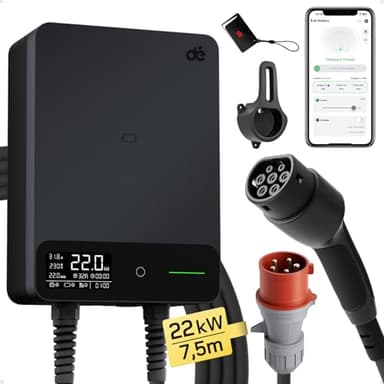 dé Wallbox 22kW mit App und Stromzähler & 7,5m Typ 2 Ladekabel, 3-Phasen EV-Ladegerät (6-32A, 400V), für BEV/PHEV, RCD Typ-B & IP54-Schutz, effiziente Ladestation für Zuhause, Schwarz