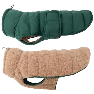 Wanderpfote Hundemantel Beidseitig Tragbar, Puffer-Design – Cozy Sherpa Fell oder Moderne Puffer-Jacke - Wendbare Hundejacke, Hunde Wintermantel (Grün/Beige, 35)
