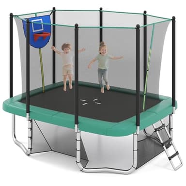 GYMAX rechteckiges Trampolin Outdoor 317 x 255 cm, Gartentrampolin mit Sicherheitsnetz & Leiter, Kindertrampolin mit Basketballkorb, Fußballtor & Aufbewahrungstasche, bis zu 500 kg