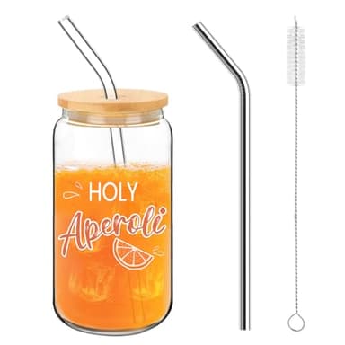 Nymora Aperol Gläser Set mit Deckel und Strohhalm, Aperol Spritz Geschenkset, Aperol Glas für Cocktails, Aperol Geschenk