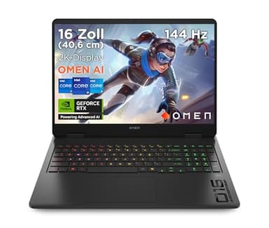 HP Omen Gaming Laptop, 16" 2K WUXGA Display, 1920×1200, 144Hz, Intel Core Ultra 7 255H, NVIDIA GeForce RTX 5060, 24GB RAM, 1TB SSD, Win 11, 4-Zonen-RGB-QWERTZ, Shadow Black, inkl. 3 Monate GamePass