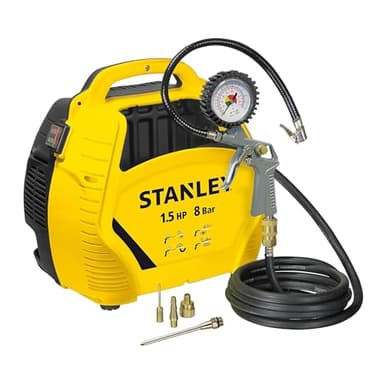 Stanley Kompressor 8 Bar - Ölfreier Luftkompressor mit Druckluftwerkzeug - Druckluft Zubehör inkl. 3 m Luftschlauch, Druckluftpistole mit Manometer und 3 Düsen - Gelb