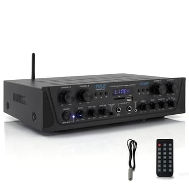 Pyle Bluetooth Stereo Verstärker 500 W – 4-Kanal Mini Receiver mit USB, AUX, FM-Radio, Subwoofer RCA & Mic Eingang, Talk Over Funktion mit Echo Kabelloses Streaming, Für Heimkino, Studio & PA-Anlage