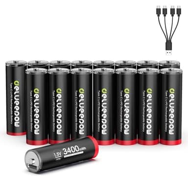 Delyeepow AA Akkus Lithium Wiederaufladbare USB C, 1.5V 3400mWh USB Wiederaufladbare AA Batterien 1500 Zyklus 16 Stück