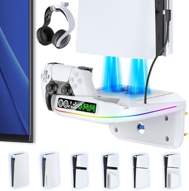 Rysker PS5 Wandhalterung kompatibel mit PS5/Slim/Pro mit PS5 Controller Ladestation, PS5 Kühler mit 3 Geschwindigkeitsstufen, PS5 Wall Mount mit 9 RGB Licht, PS5 Zubehör Kühlstation