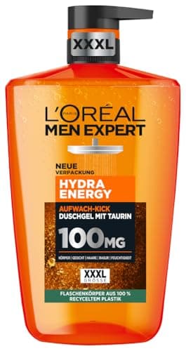 L'Oréal Men Expert XXXL Duschgel und Shampoo für Männer, Duschbad zur Reinigung von Körper, Haar und Gesicht, Herren Körperpflege für langanhaltende Frische mit Taurin, Hydra Energy, 1 x 1000 ml
