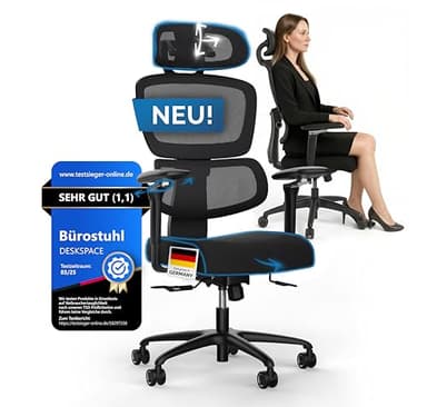 DESKSPACE Move Pro Bürostuhl ergonomisch für Homeoffice bis 150kg - Schreibtischstuhl mit intelligenter Lordosenstütze, 3-stufiger Neigung & höhenverstellbare Rückenlehne, Bürodrehstuhl (Schwarz)