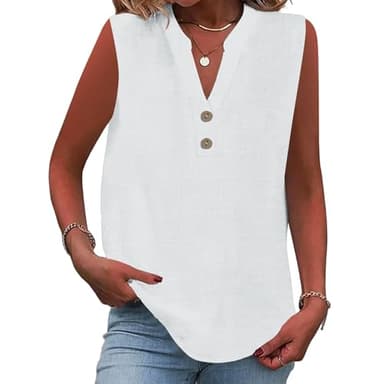 Ärmellos V-Ausschnitt Leinenbluse Damen Basic Musselin Oberteile Button Down Baumwolle Leinen Shirt Casual Sommer Leinenshirt Leinenhemd Freizeit Longshirt Lässiges Tunika Top(White,XXL)