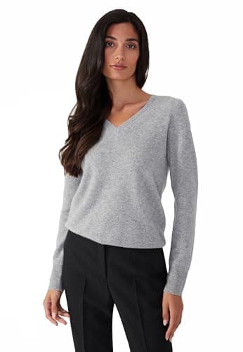 Style & Republic V-Neck Kaschmir Pullover-Damen elegant aus 100% Cashmere - Dein kuscheliger Premium Strickpullover für stilvolle Herbst- & Winter-Momente - Light Grey Melange L