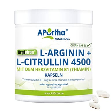 APOrtha® Argiviron® L-Arginin + L-Citrullin 4500 hochdosiert + Herzvitamin Vitamin B1, 360 vegane Kapseln, Hochdosiert im Verhältnis von 1,6 zu 1 von L-Arginin zu L-Citrullin, allergenfrei