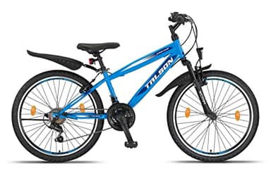 Talson 24 Zoll Mountainbike Fahrrad mit 21-Gang Shimano, Gabelfederung & Beleuchtung Blau