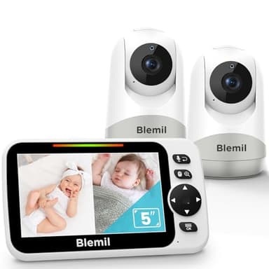 Blemil Babyphone mit 2 Kameras und Audio 30 Stunden wiederaufladbare Batterie, 5" großer geteilter Bildschirm, ferngesteuerte Schwenk-/Neige-/Zoom-Kamera, Zwei-Wege-Gespräch, Nachtsicht, kein WiFi