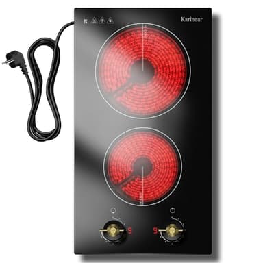 Glaskeramikkochfeld 2 Platten mit Stecker, Karinear Kochfeld Doppel Drehknopf, Autarkes 30cm Einbau oder Mobile, 3000W, Infrarot-Heizung, Überhitzungsschutz, 16A Steckerdose
