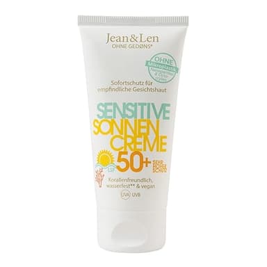 Jean & Len Sensitiv Sonnencreme 50+ LSF wasserfest, Sofortschutz für empfindliche Gesichtshaut, Sonnenschutz ohne Silikone, Nanopartikel, Octocrylen, Mikroplastik, vegan, Reisegröße 50 ml