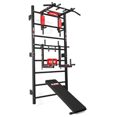 K-Sport: Trainingsset Sprossenwand + Dip Station, Klimmzugstange & Trainingsbank I Kraftstation mit Pull-Up Bar, Dip Stange & Hantelbank, inkl. E-Book