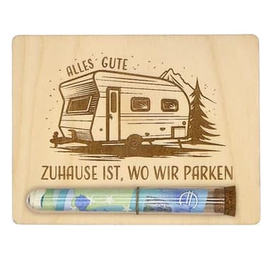 ZUKLA Verpackung für Geldgeschenk Reise Geldgeschenk Camping - 13 x 10 cm - mit Reagenzglas - Geschenk für Wohnmobil - Wohnwagen Spardose - Reisegutschein Geschenk Verpackung