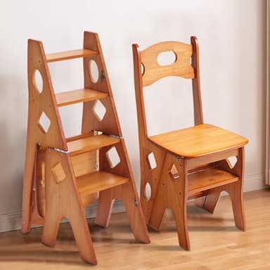 Tritthocker 4 Stufen, Leiterstuhl Trittstuhl Klappbar, Leiterstuhl Holz 4 Stufen, Trittleiter aus Massivholz, Hocker Leiter Holzleiter Holz Tritt Klappbar, für Bibliothek, Büroe, Wohnzimmer