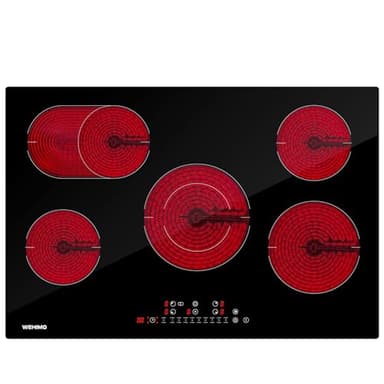 WEHIMO Glaskeramikkochfeld 5 Platten 77cm, Kochfelder 8600W, 9 Stufen, Touch-Bedienung je Zone, Automatische Abschaltung, Glaskeramik Kochfeld für Alle Töpfe und Pfannen Geeignet
