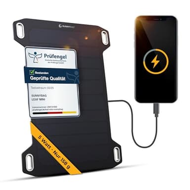 Sunnybag® Leaf MINI 2.0 Solarpanel [Ultraleicht & Kompakt!] – Solarladegerät (Wasserfest & Robust) – Solar Panel mit USB für Wandern, Camping & Outdoor – ideal mit Powerbank nutzbar (5W Leistung)