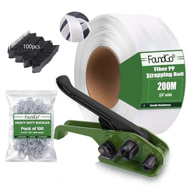 FoundGo Manuelles Umreifungsset 19 mm & 200 m Hochfestes Polypropylen-Umreifungsband mit Fasern, Grasgrün,100 Metallverschlüssen & 100 Kantenschützern-Umreifungsgerät Set für Verpackung