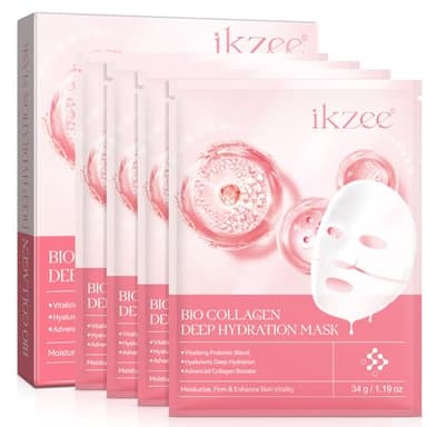 Bio Collagen Real Deep Mask, Minimiert die Poren, Reduziert Feine Linien und Falten, Hydrogel Maske für die Nacht, Glättet und Hydratisiert mit Glow-Effekt, Tuchmaske für Alle Hauttypen, 4 Stück