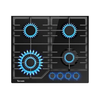 TOPWISH gaskochfeld 4 flammig, gaskochfeld einbau 60cm, gasfeld 4 flammig, gasherd mit blaue beleuchteter drehknopf, NG/LPG konvertierbar, flammabriss Schutz, zündautomatik, 8000 Watt