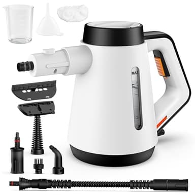 Fippesax Handdampfreiniger, 400 ml Druck-Mehrzweckdampfreiniger mit 9-teiligem Zubehör, chemikalienfreier Dampfreiniger für den Heimgebrauch, Reinigung von Böden, Fliesen, Fenstern, Sofas (Weiß)