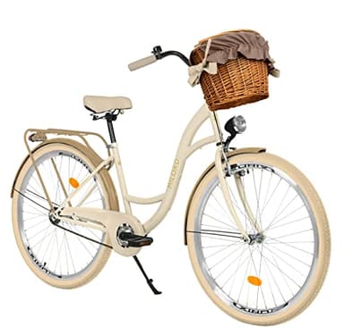 MILORD Damenfahrrad Citybike Komfort Mit Weidenkorb Vintage Fahrrad, 26, 28 Zoll, 1-Gang (Creme-Braun, 26 Zoll)