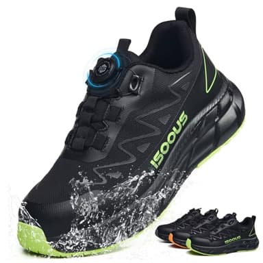 ISOOUS Sicherheitsschuhe Herren S3S Wasserdicht Arbeitsschuhe Damen ESD Leicht Drehverschluss rutschfest Bequem mit Stahlkappe Schwarz Grün 42 EU