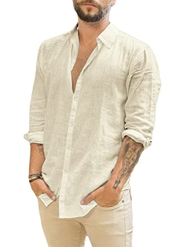 Runcati Herren Langarm Leinenhemd Umlegekragen Hemd Business Freizeithemd Sommer Shirt, Khaki, M