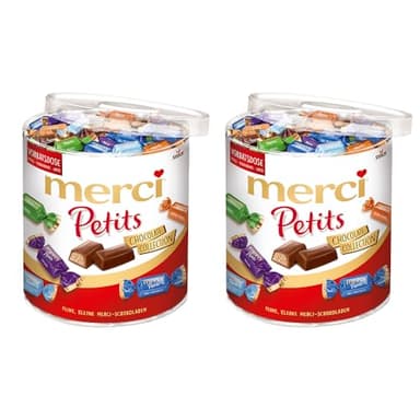 merci Petits Chocolate Collection – 2 x 1000 g (Großpackung) – Pralinen-Mix aus nicht gefüllten und gefüllten Schokoladen-Spezialitäten – Schokopralinen in praktischer Runddose