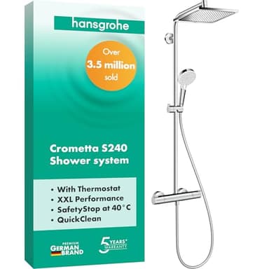 hansgrohe Crometta E - Duschsystem mit Thermostat, Regendusche (240 x 240 mm) mit Armatur, Handbrause (2 Strahlarten), Schlauch, Brausestange und eckiger Kopfbrause (1 Strahlart), Chrom, 27271000