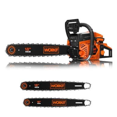 WORKIT 54 cm³ Benzin Kettensäge (3,4 PS), Motorsäge Benzin Profi-Set mit 45 cm (18") & 40 cm (16") Schwert, Easy-Start Benzinkettensäge für Forst & Brennholz, 12.000 U/min, inkl. 2 Sägeketten