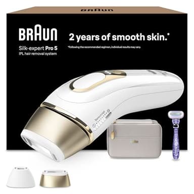 Braun IPL Silk Expert Pro 5 Haarentfernungsgerät Damen/Herren, 2 Aufsätze, sichtbare Haarentfernung, Designed In Germany, Venus Rasierer, Alternative zu Laser Haarentfernung, PL5157, weiß/gold