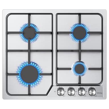 Gaskochfeld 4 Flammig, IsEasy Edelstahl Gaskochfeld mit Automatischer Thermoelementschutz, Einbau Kochfeld Edelstahl 4 Zonen Gaskocher, Erdgas/Propangas, Impulszündung, 59cm, 7200W, 220-240V